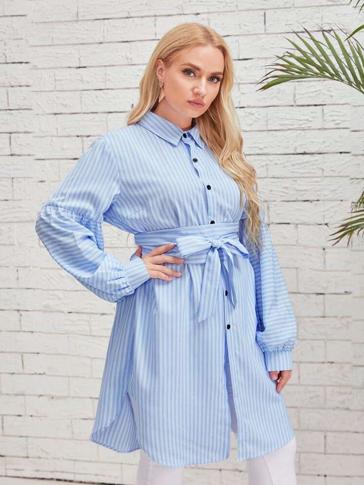 Button Blue and White Regular Fit Plus Size Blouses 495