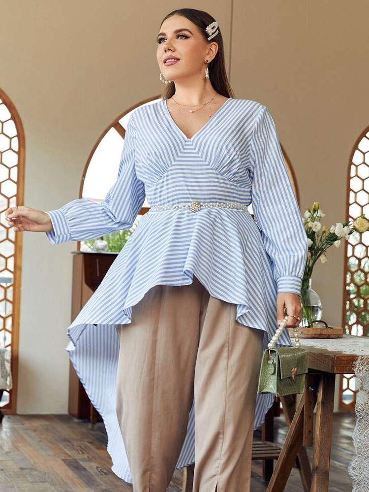 Long Striped Regular Fit High Low Plus Size Blouses 4735