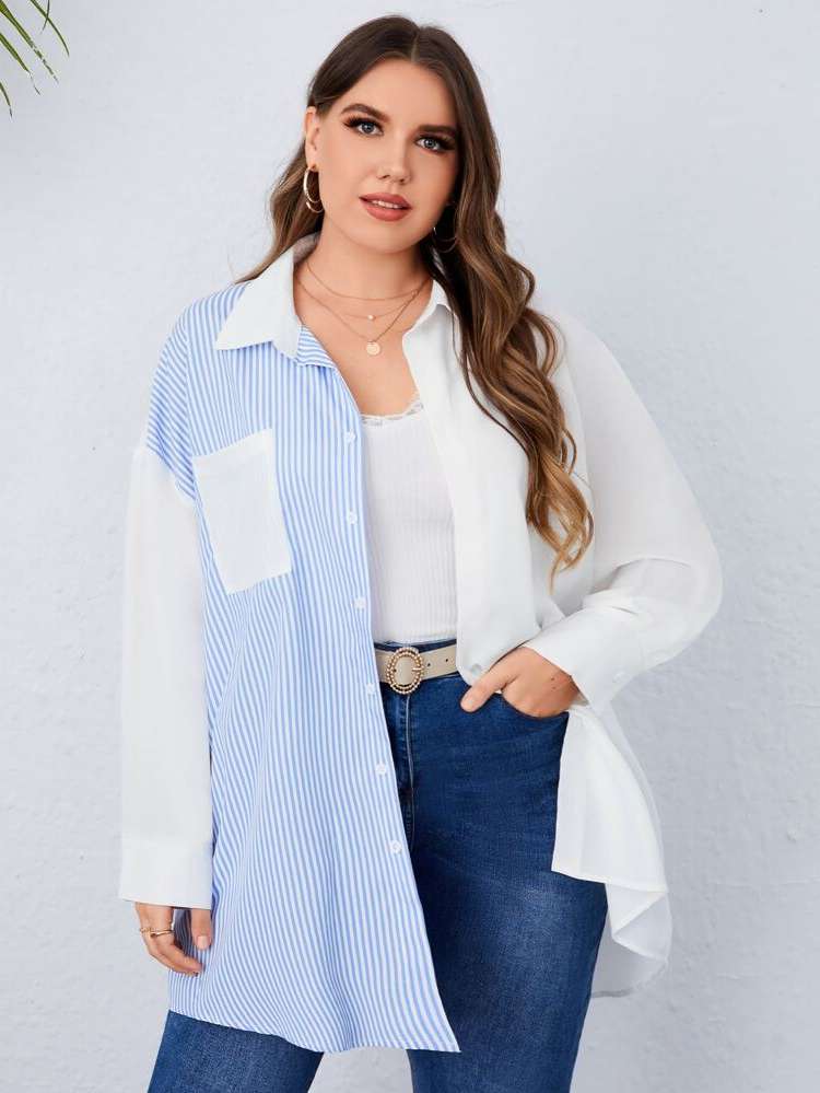 Blue and White Long Regular Fit Long Sleeve Plus Size Tops 3405