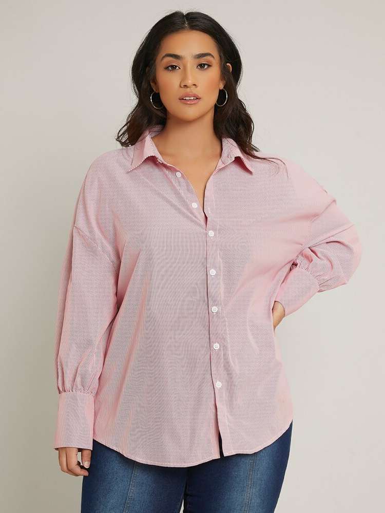 Oversized Casual Striped Long Sleeve Plus Size Tops 9484