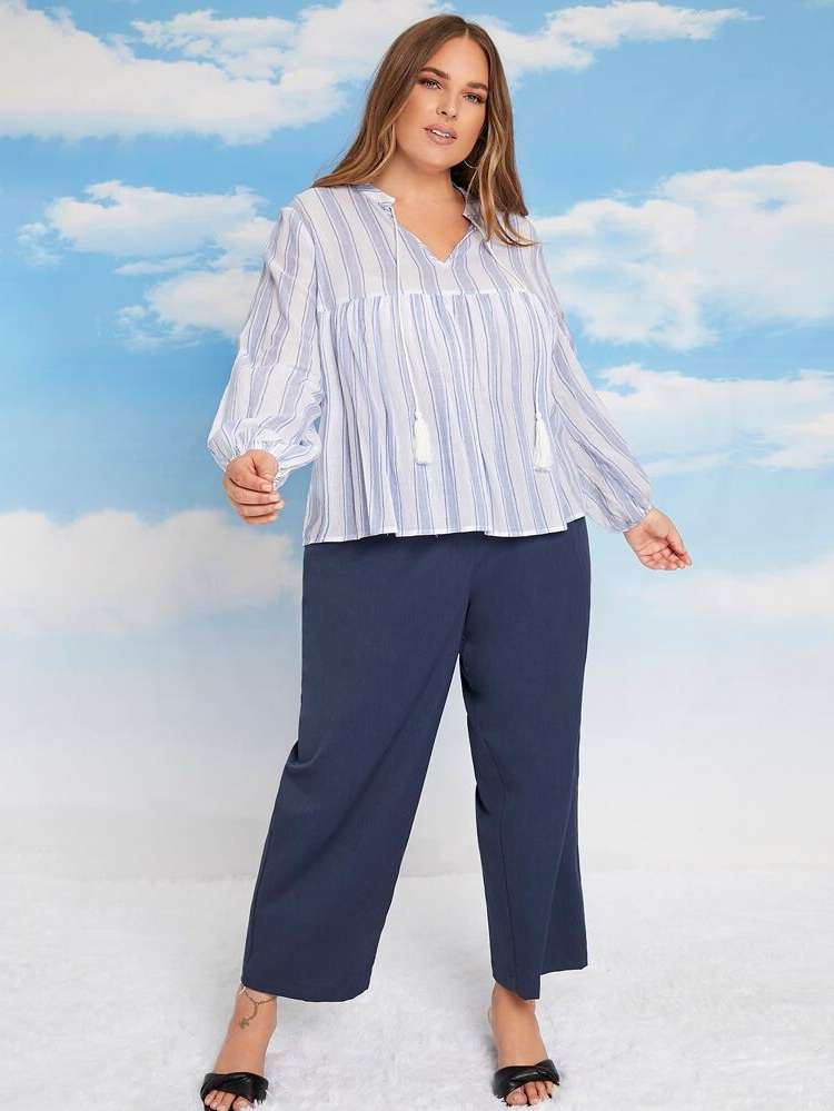 Regular Fit Fringe Notched Striped Women Plus Clothing 1983