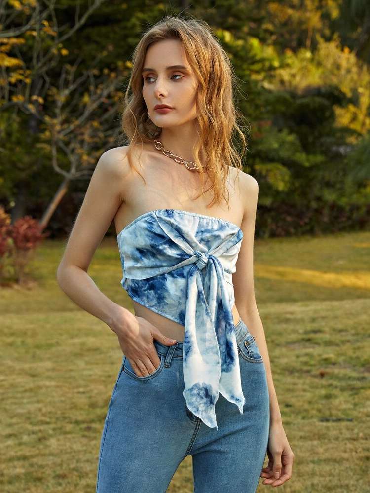 Strapless Tie Dye Boho Tie Front Women Tops, Blouses  Tee 4706