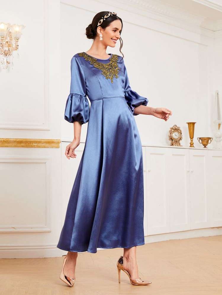  Three Quarter Length Sleeve Colorblock Round Neck Arabian Dresses 8283