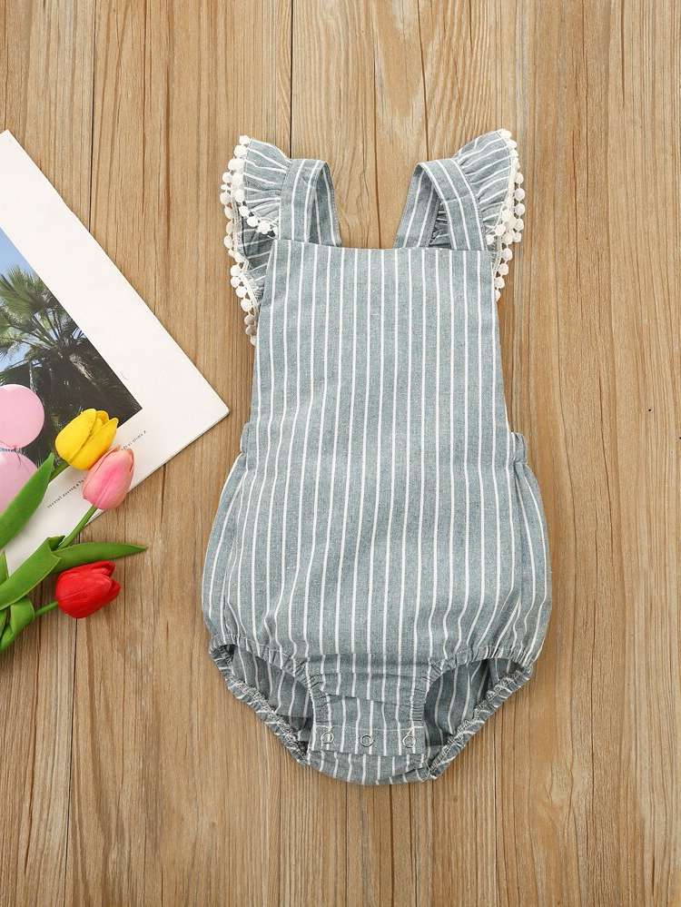 Square Neck Cap Sleeve Striped Baby Bodysuits 3592