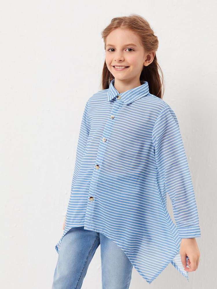 Long Sleeve Asymmetrical Casual Striped Girls Clothing 7952