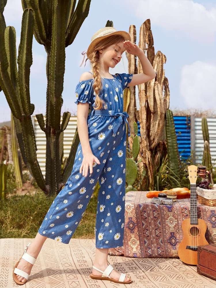 Boho Cold Shoulder Blue Girls Jumpsuits 2611