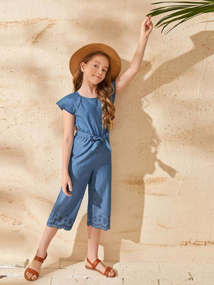 Capris Embroidery Regular Fit Blue Girls Clothing 2355