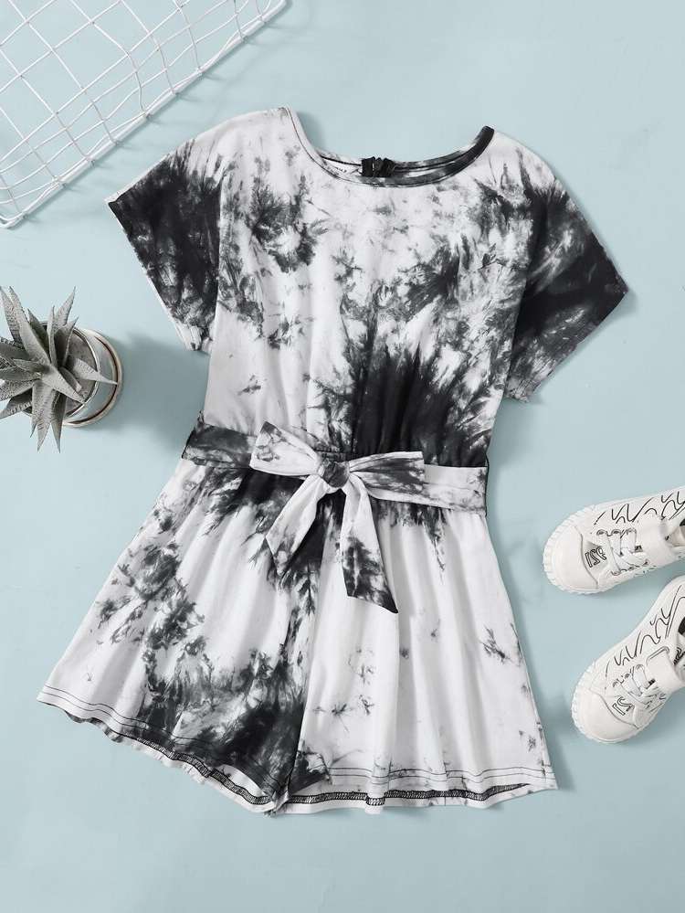 Short Sleeve Belted Casual Tie Dye Girls Clothing 1075