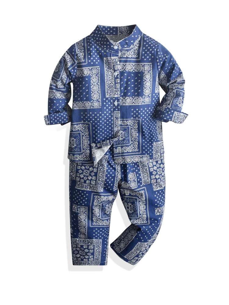 Casual Button Front Blue Collar Toddler Boy Two-piece Outfits 14