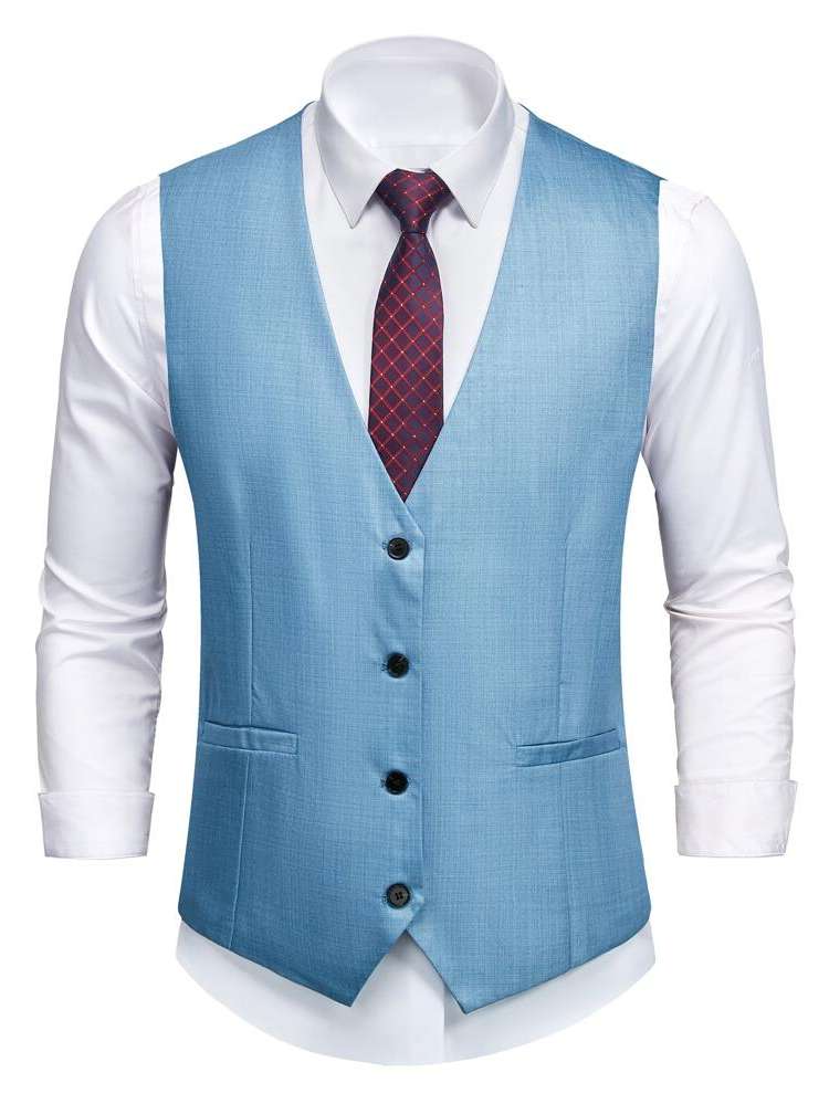 Plain Blue Sleeveless V neck Men Blazers 127