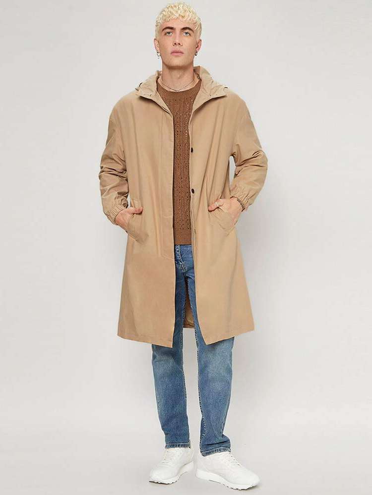 Button Front Long Sleeve Knee Length Casual Men Coats 5252