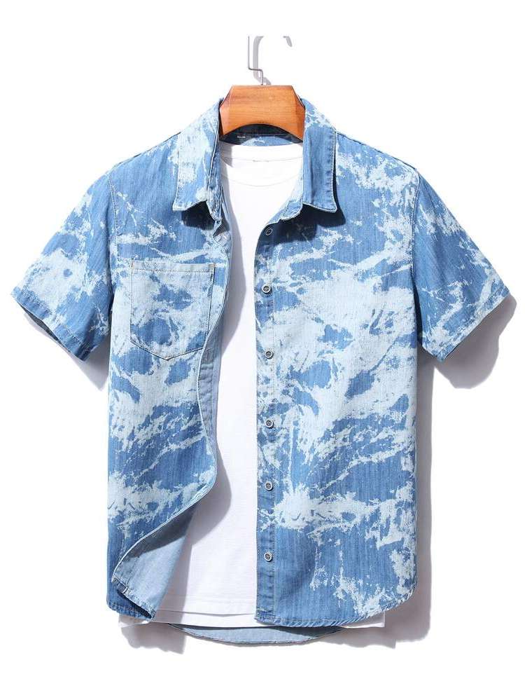 Casual Short Sleeve Pocket Tie Dye Men Denim Shirts 6051