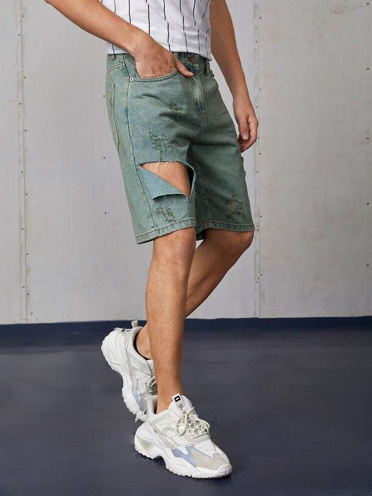 Plain  Blue Men Denim Shorts 3120