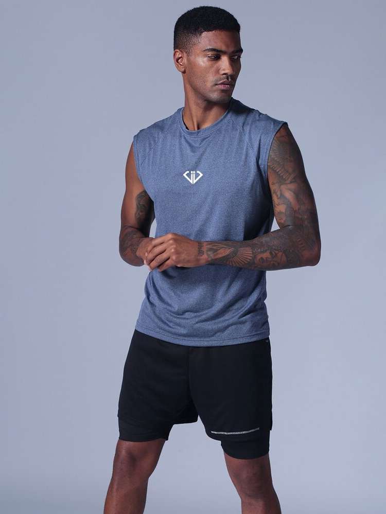 Blue Sleeveless Round Neck Men Sports Tees  Tanks 6098