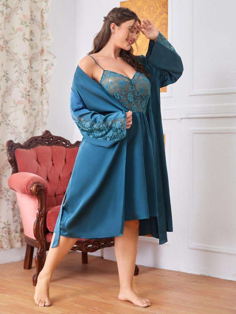 Long Sleeve Belted Blue Plain Women Plus Sleep  Lounge 1812