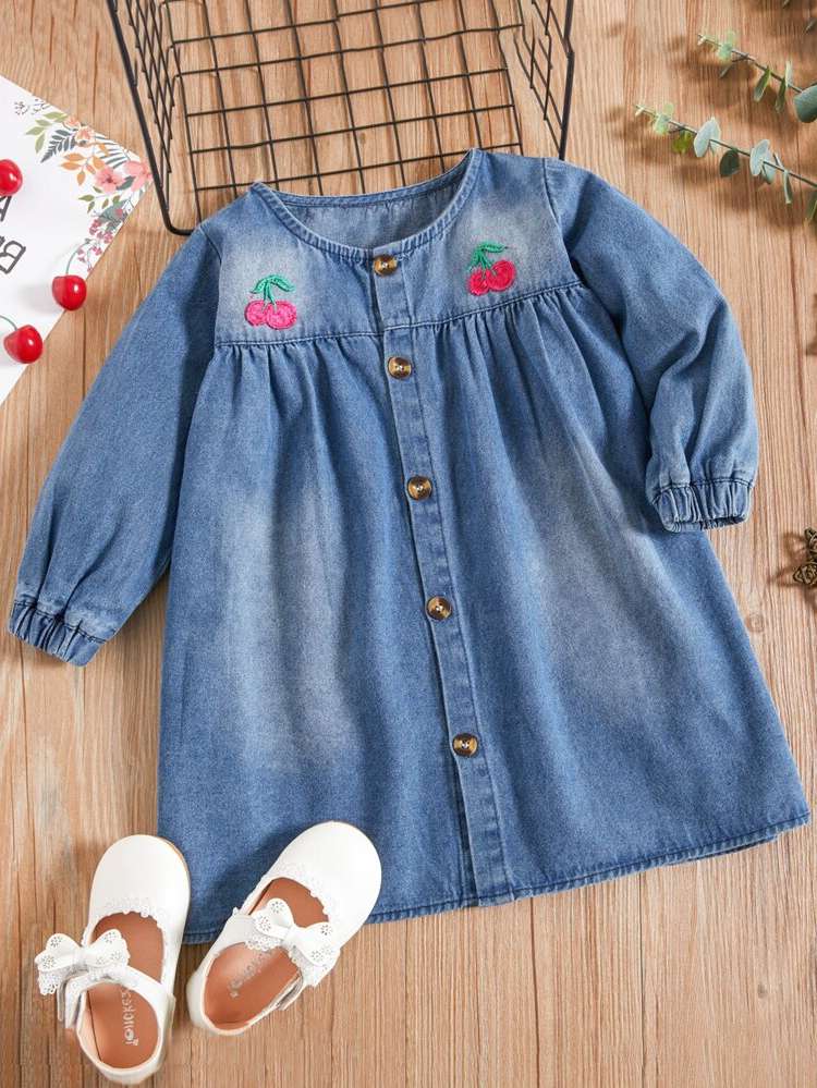 Long Sleeve Round Neck Fruit&Vegetable Regular Fit Toddler Girl Denim Dresses 6019