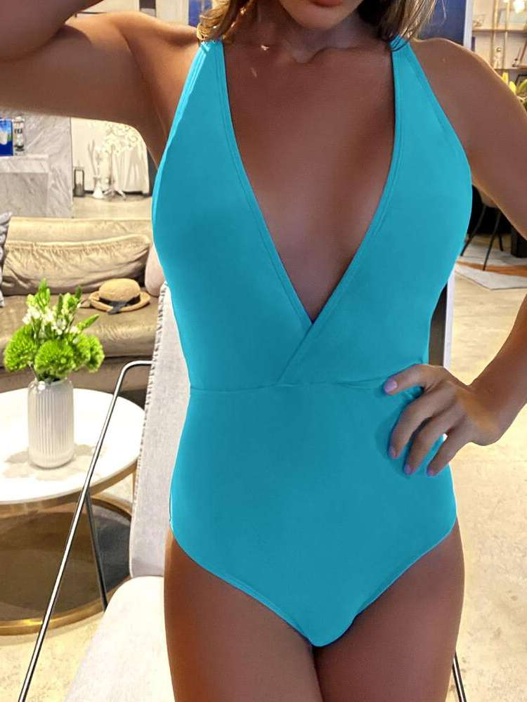 Blue Plunge Neck Criss Cross Women Swimwear 6683