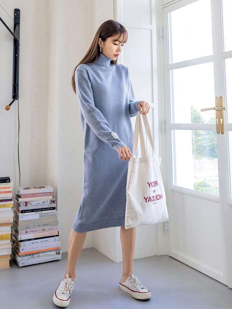 Midi Long Sleeve Plain Patched Women Clothing 493