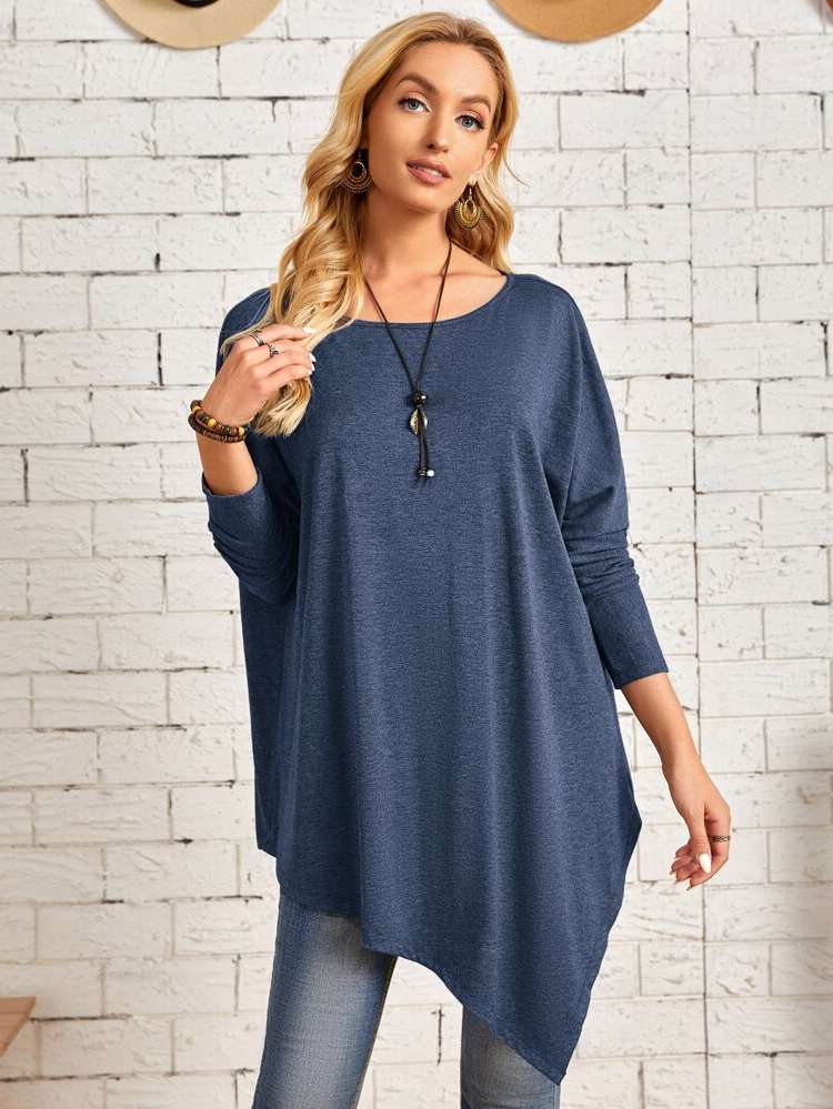 Plain Asymmetrical Blue Long Sleeve Women Tops, Blouses  Tee 5129