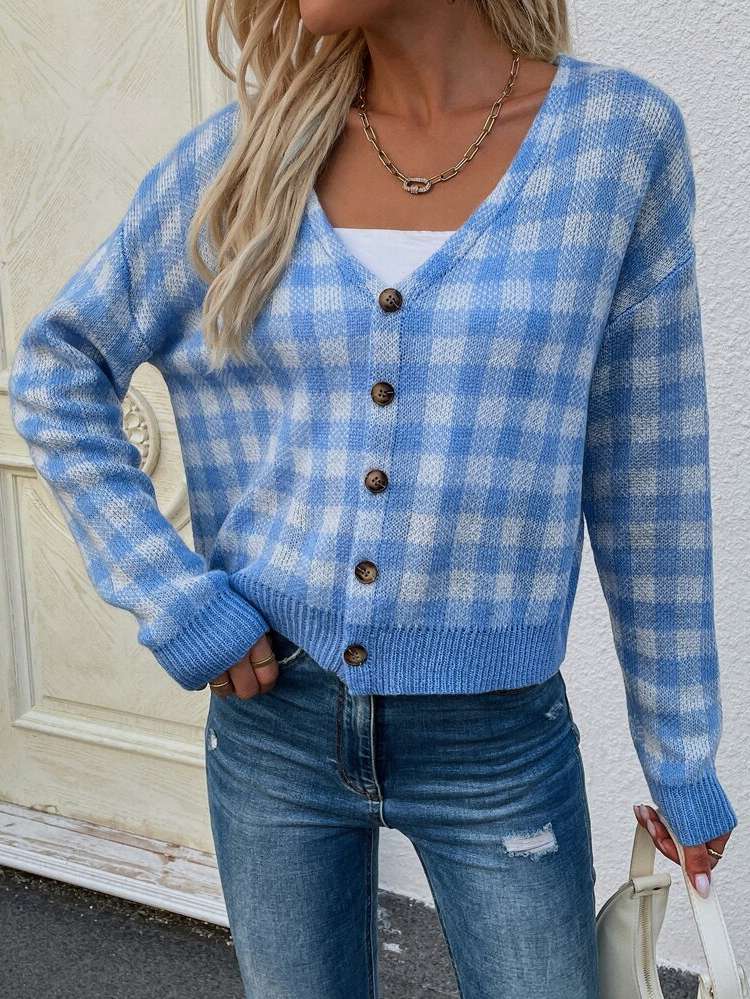 Crop Blue Gingham Women Clothing 44