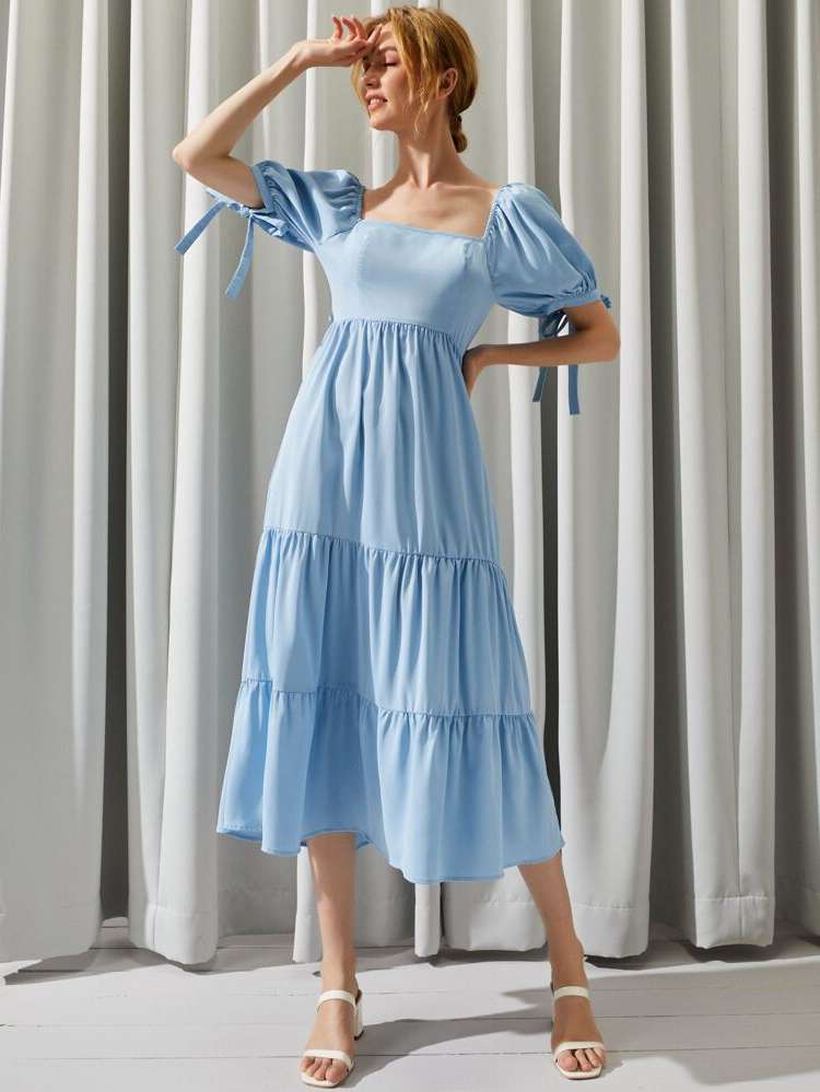 Blue Square Neck Short Sleeve Women Dresses 176