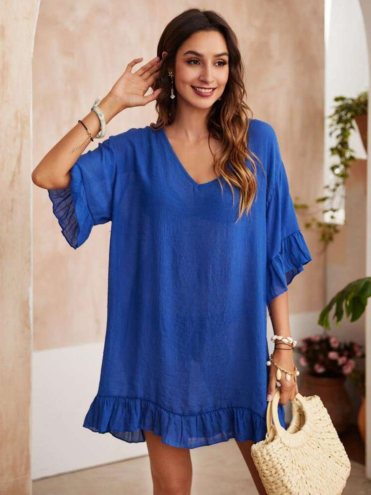  Ruffle Hem Sexy Plain Women Cover Ups  Kimonos 308