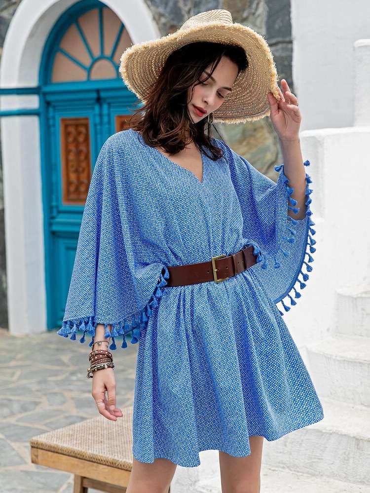 V neck Three Quarter Length Sleeve Regular Fit Women Dresses 3307