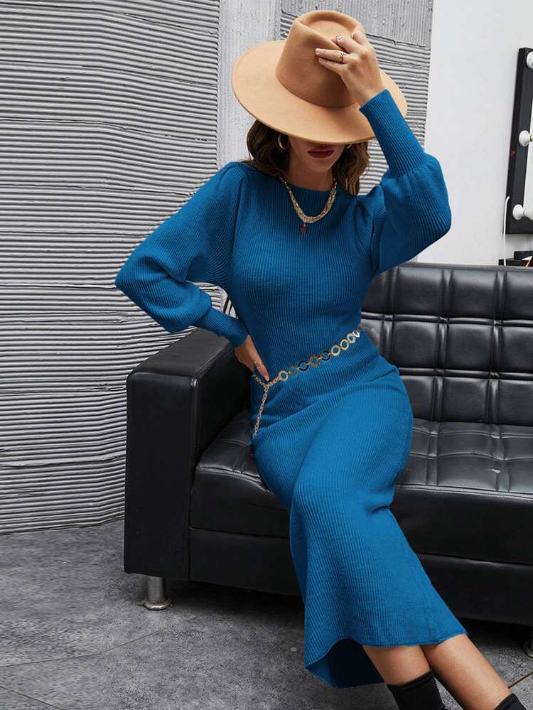 Rib-Knit Round Neck Plain Long Women Clothing 261