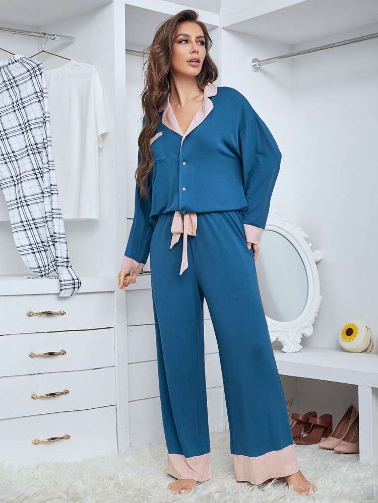 Colorblock Knot Blue Women Sleep  Lounge 5923