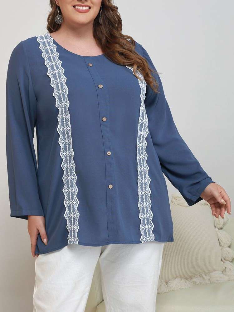 Fake Buttons Colorblock Blue Plus Size Tops 2324