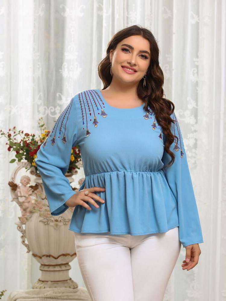 Regular Fit Embroidery Tribal Plus Size Blouses 163