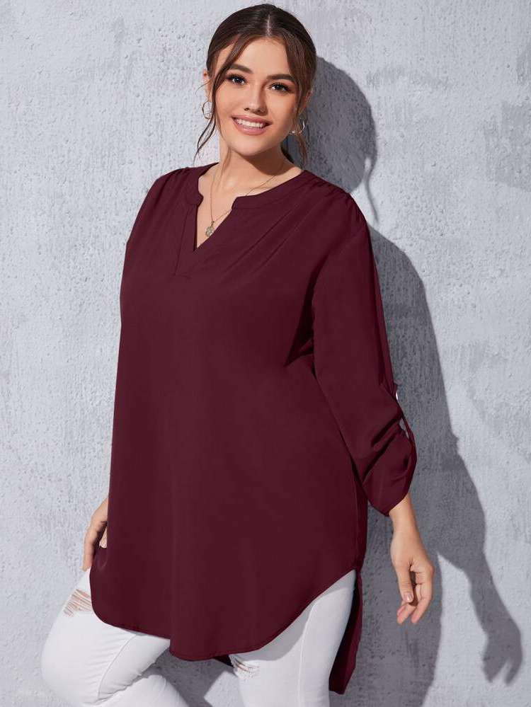 Casual Regular Fit Notched Plus Size Blouses 4021