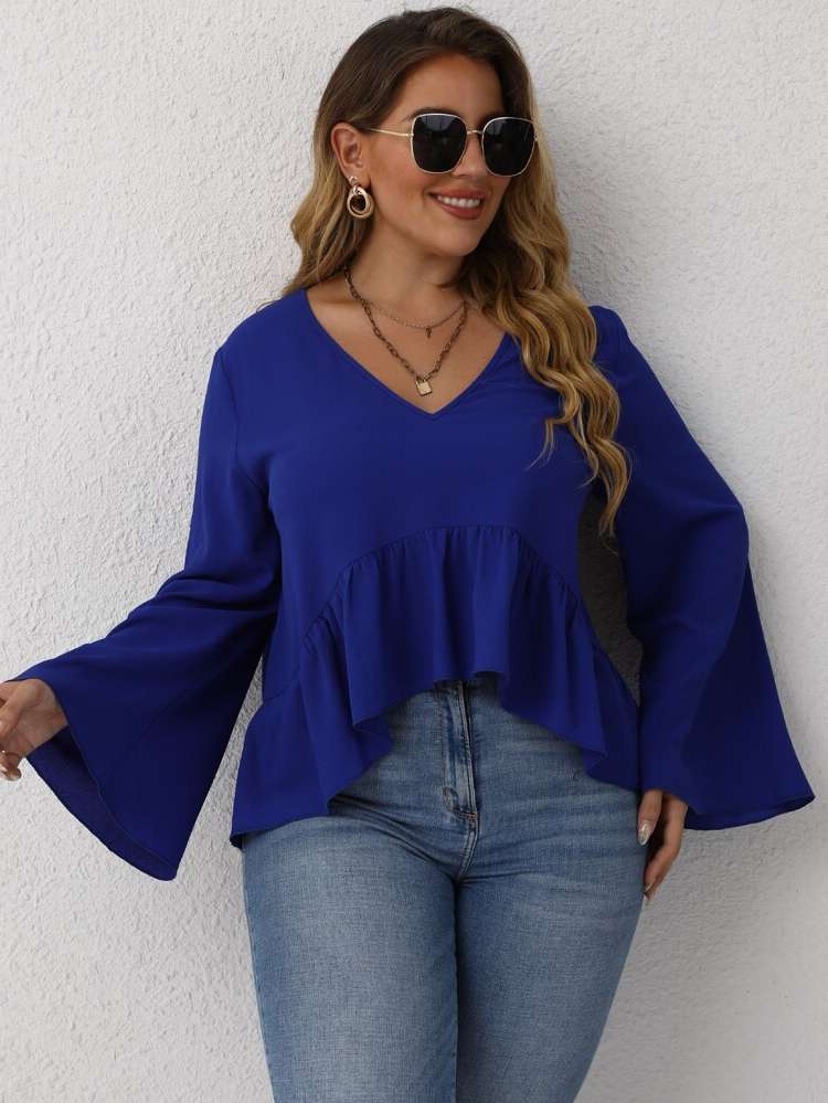 Regular Fit High Low V neck Blue Plus Size Blouses 9498