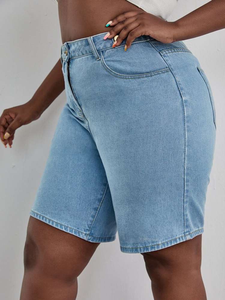  Regular Fit Button Plus Size Denim Shorts 416