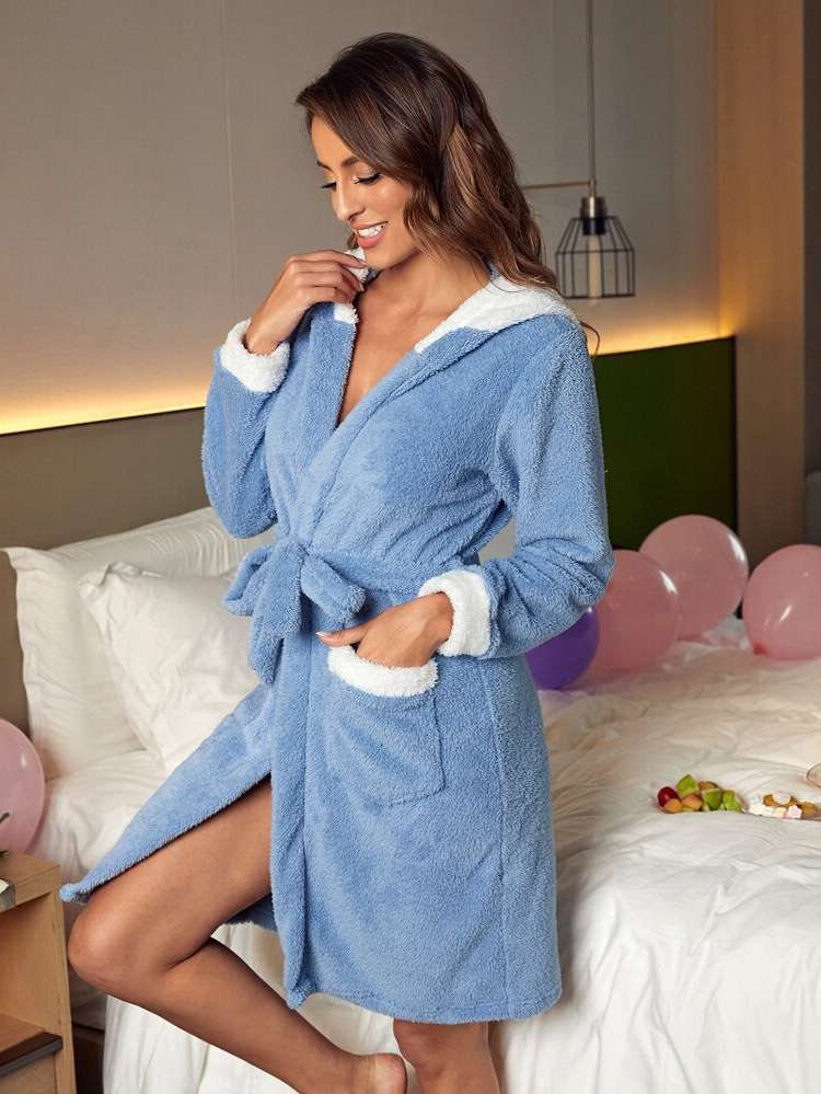  Long Sleeve Blue Colorblock Women Sleep  Lounge 754