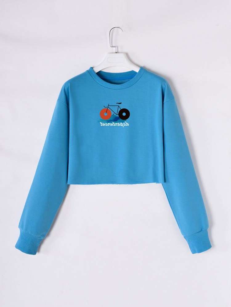 Round Neck Long Sleeve Blue Women Sweatshirts 751