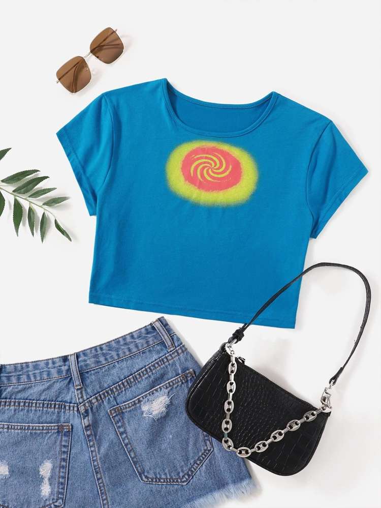 Round Neck Graphic Blue Crop Women T-Shirts 137