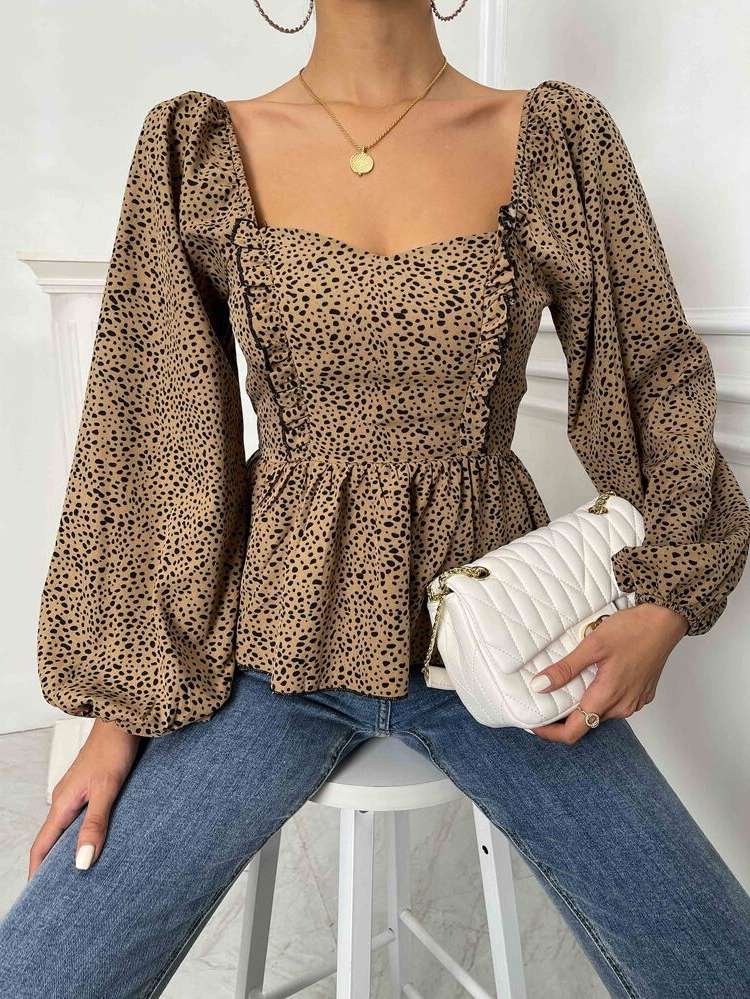 Regular Long Sleeve Sweetheart All Over Print Women Blouses 7349