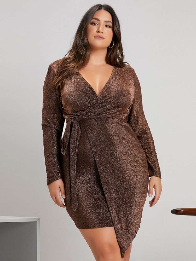  Bronze V neck Long Sleeve Plus Size Dresses 3349