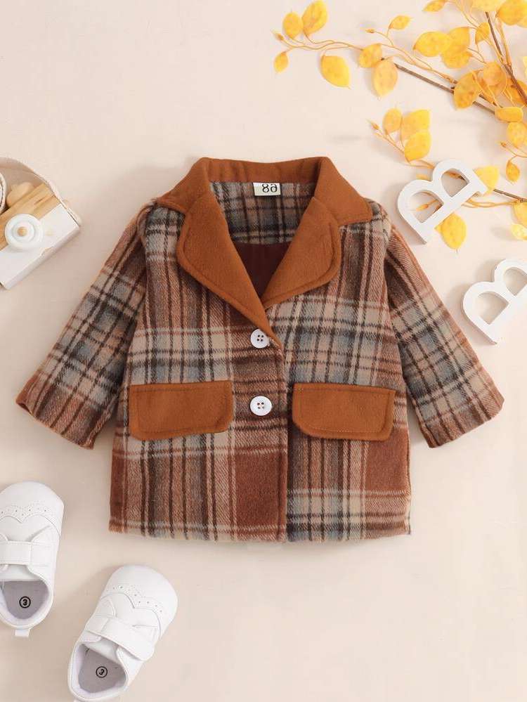 Brown Long Sleeve Button Front Plaid Baby  Mom 3158