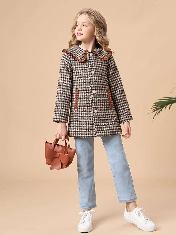  Button Front Houndstooth Girls Overcoats 7007