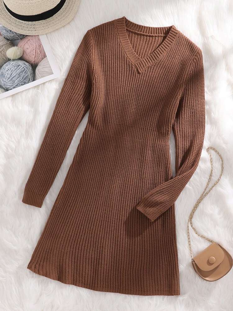 Short Rib-Knit Brown V neck Girls Knitwear 818