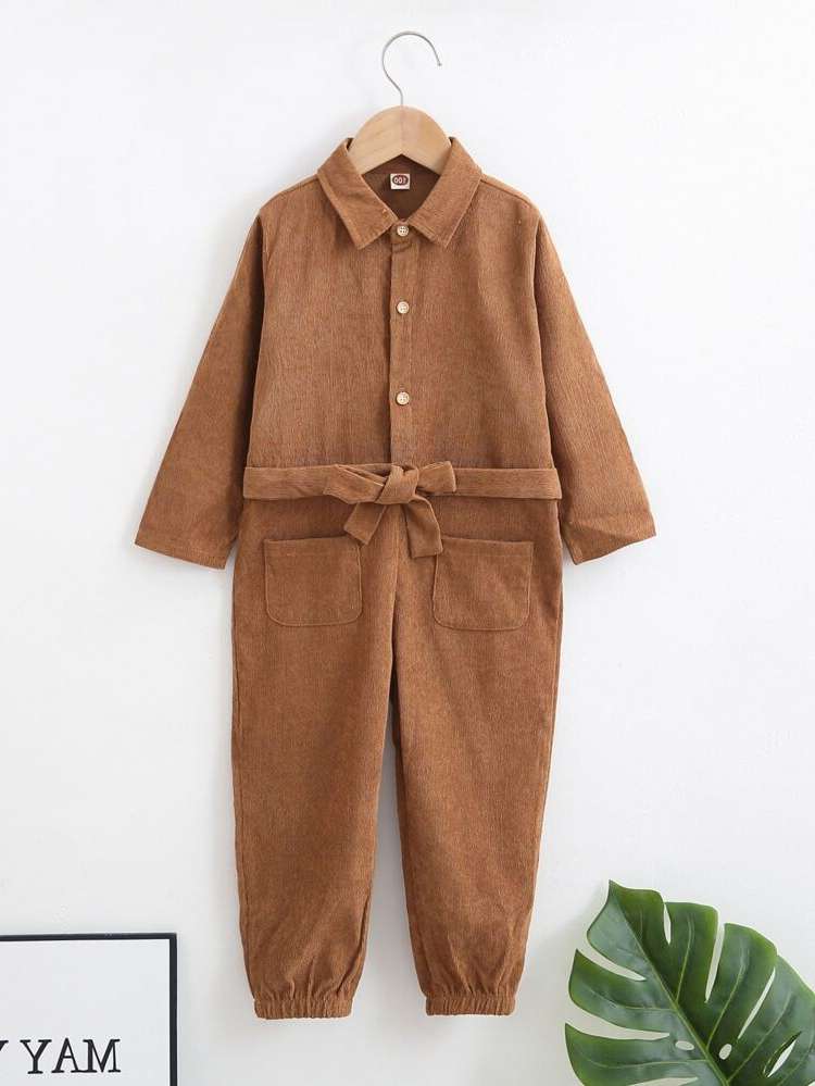  Casual Brown Belted Toddler Girl Jumpsuits 4882