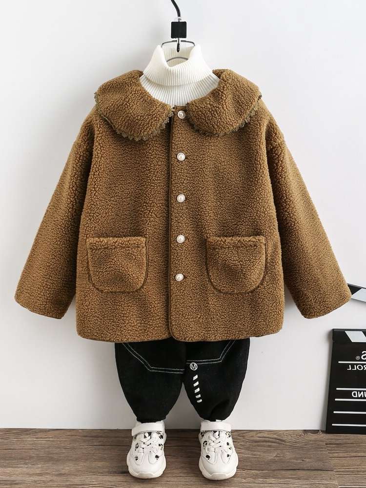  Peter Pan Collar Brown Plain Toddler Girls Outerwear 9449