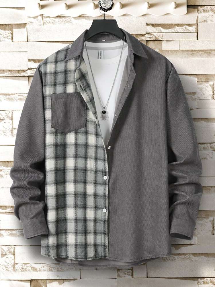 Brown Button Front Plaid Men Tops 394