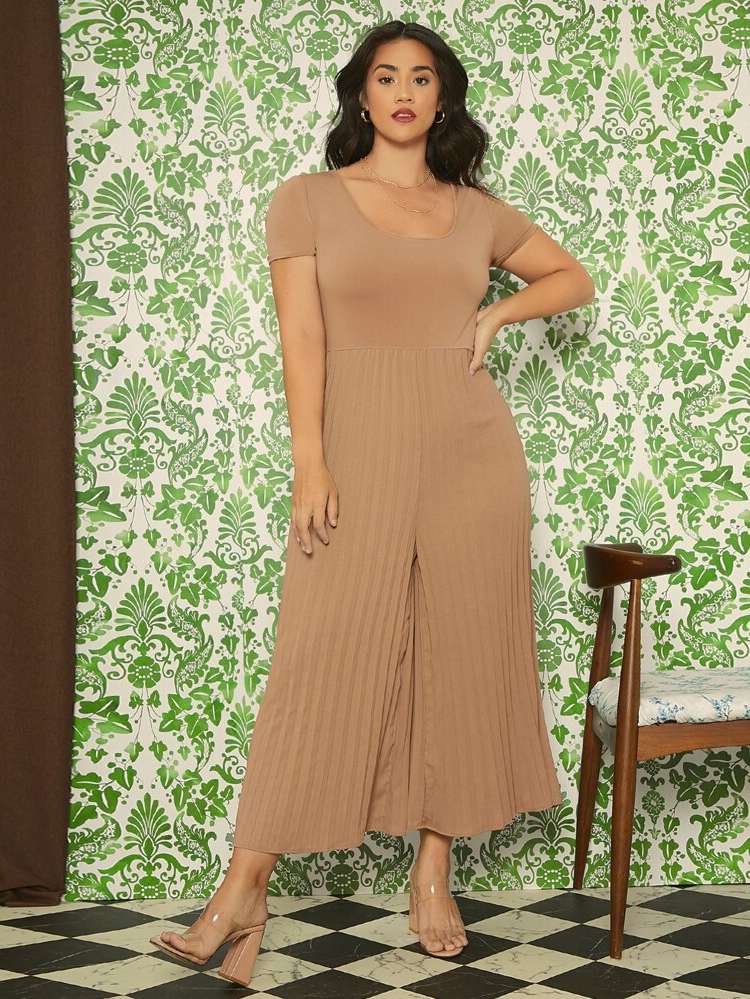 Pleated Long Short Sleeve Plus Size Jumpsuits 4961