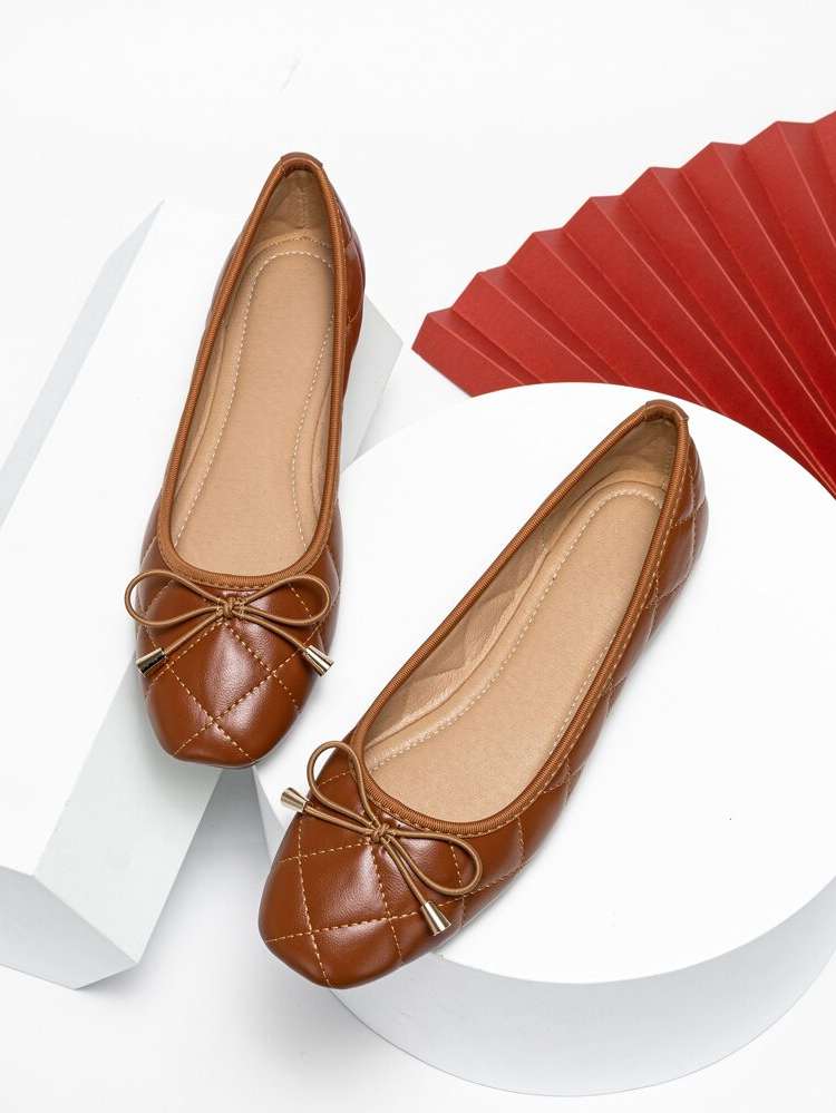 Bow Quilted Brown Women Shoes 118