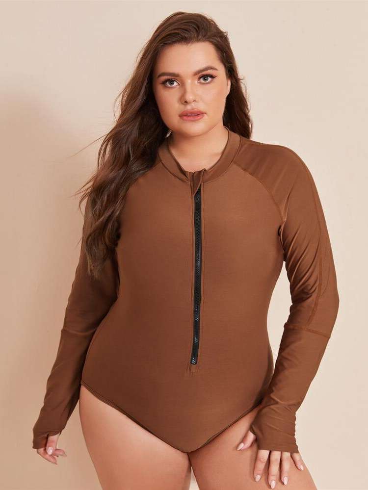  Brown Zipper Women Plus Activewear 2044