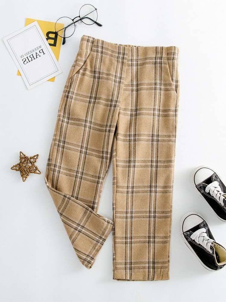 Brown Long Plaid Toddler Girl Pants 8538