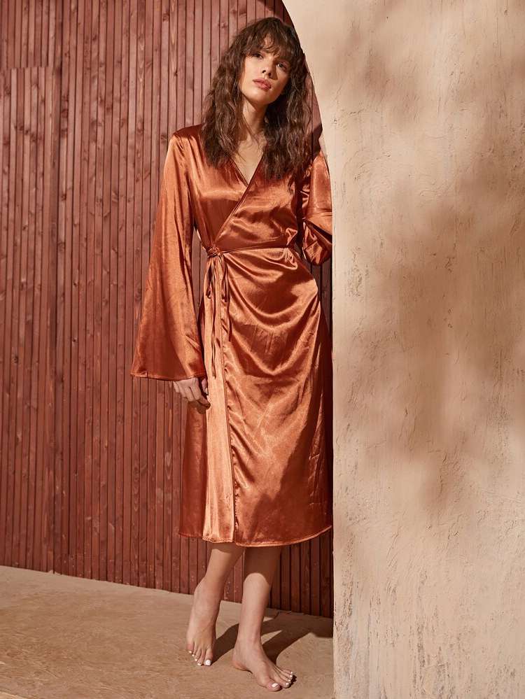 V neck Brown Knot Women Sleepwear 2973